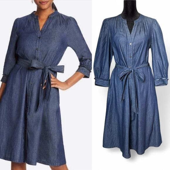 Draper James Shirt Dress Chambray 100% Cotton Belted  Preppy Minimalist Fall 8 - Picture 1 of 13